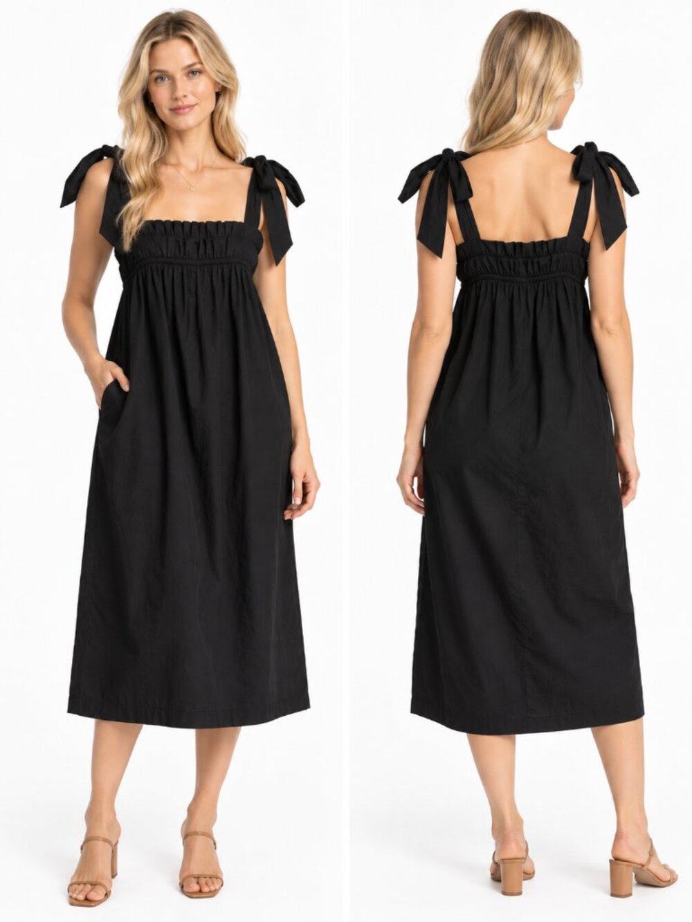 J.Crew Organic Cotton Poplin Tie Shoulder Midi Dress Black BG488 Size Small